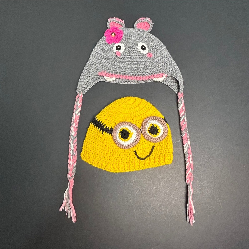Toddler Crochet Animal Hat Mouse Minion Character‎ Beanie Winter Warm Set of 2
